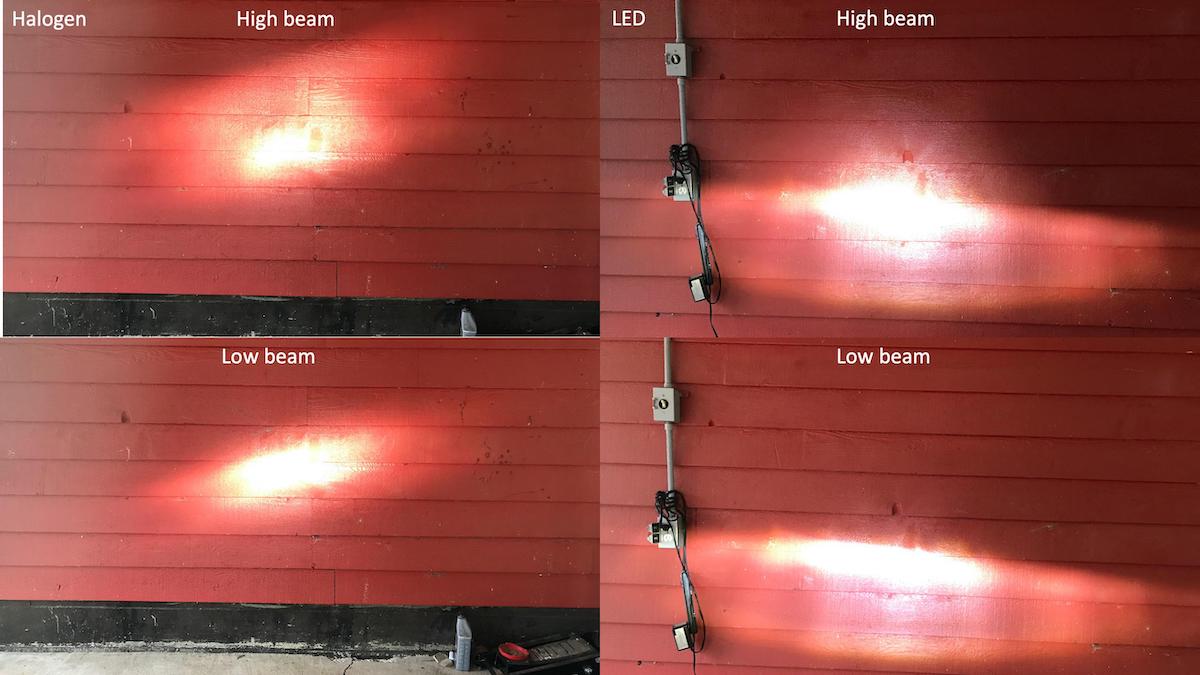 Halogen vs LED bulbs beam against the wall